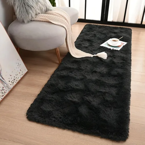 Terrug Alfombra Corredor Negra Esponjosa para Dormitorio, 2x6 Pies Lindas Alfombras de Área de Pelo Largo para Pasillo, Alfombra de Felpa Suave