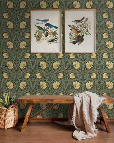 Miniatura 2 de NextWall Pimpernel Garden - Papel tapiz vintage para despegar y pegar (verde prado y ámbar)