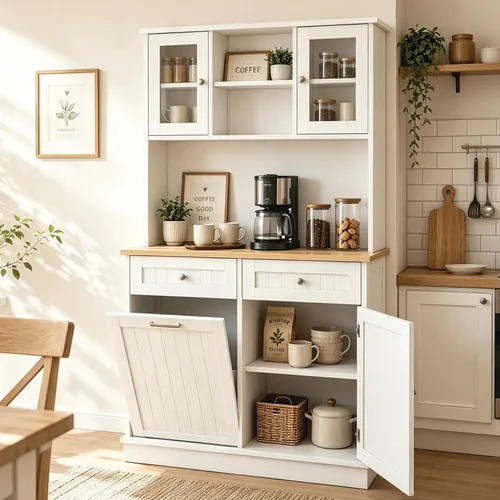 Miniatura 13 de RASOO Gabinete de basura de doble inclinación hacia fuera, cesta de lavandería independiente de madera con 2 cajones, cubo de basura de cocina