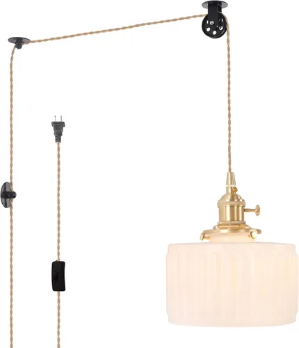 Miniatura 18 de Shenmoyl Lámpara colgante con pantalla de vidrio transparente a rayas, luz colgante vintage de latón, luz colgante ajustable para cocina, isla
