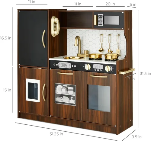 Miniatura 7 de Best Choice Products - Set de cocina de madera de juguete, juego de simulación para niños con diseño realista, teléfono, utensilios, horno, Espresso