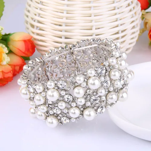 Miniatura 3 de EVER FAITH - Pulsera elástica para mujer con perlas de imitación de cristal, para novia, boda
