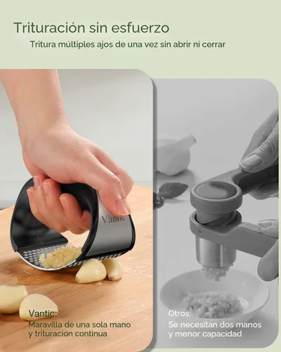 Miniatura 2 de Vantic Prensa de Ajo Basculante - Trituradora de Ajo de Acero Inoxidable, Picadora y Cortadora con Pelador y Raspador, Utensilio de Cocina Fácil