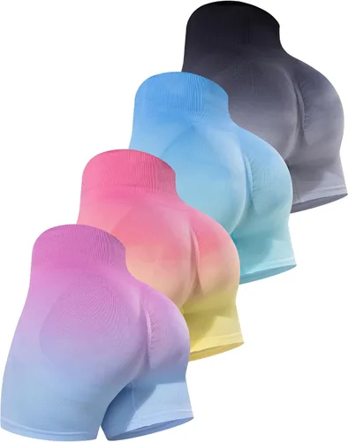 Miniatura 8 de CHRLEISURE Pantalones Cortos de Entrenamiento para Mujer, 4 Paquetes, Cintura Alta, Levantamiento de Glúteos con Fruncido, Pantalones Cortos Booty
