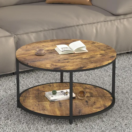 Miniatura 11 de NSdirect Mesa auxiliar redonda de 32 pulgadas para sala de estar, mesa central de madera maciza de 2 niveles para decoración del hogar con estante