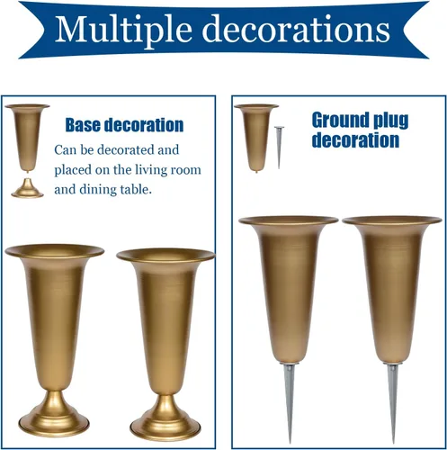 Miniatura 3 de Jarrón de metal para cementerio, jarrones con base de metal y estacas para mesa del hogar, flores de cementerio, decoraciones de tumbas Dorado