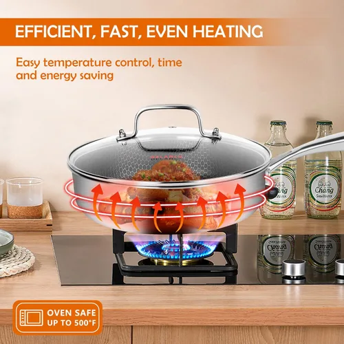 Miniatura 4 de DELARLO Sartén Salteadora Híbrida de Acero Inoxidable de Tres Capas de 10 Pulgadas, 3QT Sartén de Chef para Cocinar, Anti-Rayones, Compatible