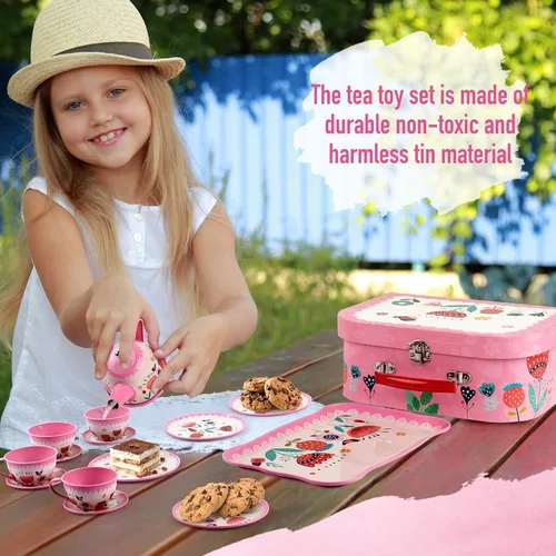 Miniatura 6 de D-FantiX Juego de té para niños y niñas, 15 piezas, juego de fiesta de té de lata rosa para niños pequeños, juego de té de la tarde con teteras