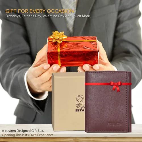 Miniatura 4 de Billetera de tres pliegues para hombre Cartera de piel auténtica con bloqueo RFID con 9 ranuras para tarjetas