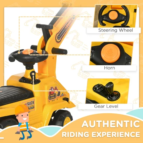 Miniatura 6 de HOMCOM Excavadora para montar, Bulldozer para niños Carro de arrastre con bocina, Almacenamiento bajo el asiento, Juguete carro de construcción