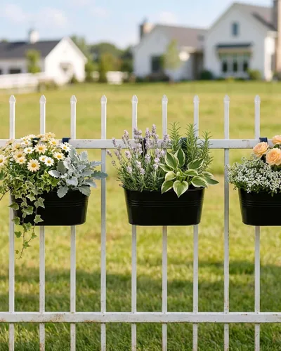 Miniatura 4 de Macetas de barandilla de metal para plantas al aire libre – 5 macetas colgantes de balcón con ganchos desmontables y agujeros de drenaje, macetas