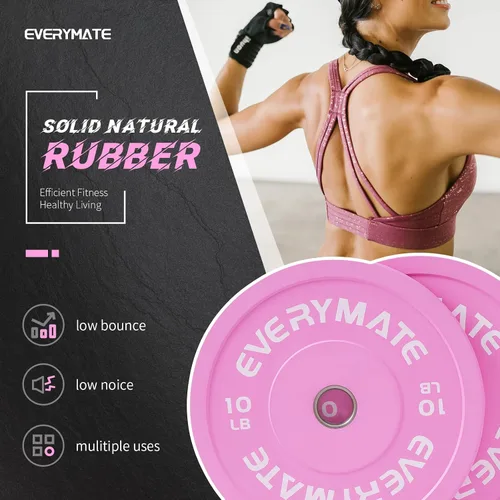 Miniatura 2 de EVERYMATE Placas de Peso Rosa 10LB 15LB 25LB 35LB 45LB Placas Olímpicas Bumper Placas de Peso con Agarre para Entrenamiento de Fuerza y Crossfit