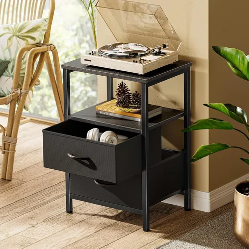 Miniatura 2 de Huuger Mesita de noche con 2 cajones, mesa auxiliar de cama con estante abierto, parte superior de madera, mesita de noche para dormitorio, mesa