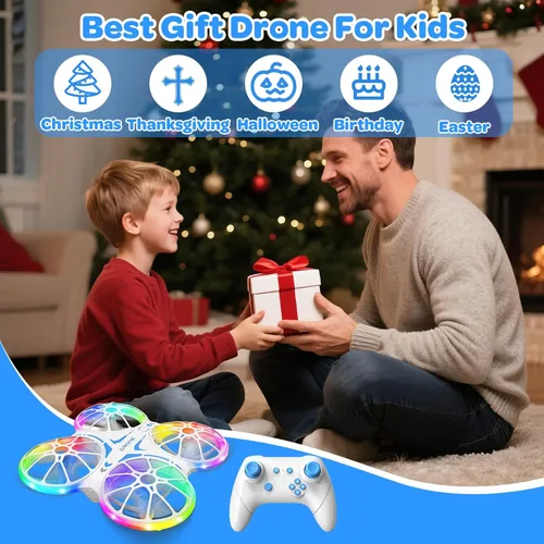 Miniatura 9 de Mini drones para niños principiantes, con luces LED y 2 baterías, cuadricóptero RC con control remoto con retención de altitud y giros 3D, Azul