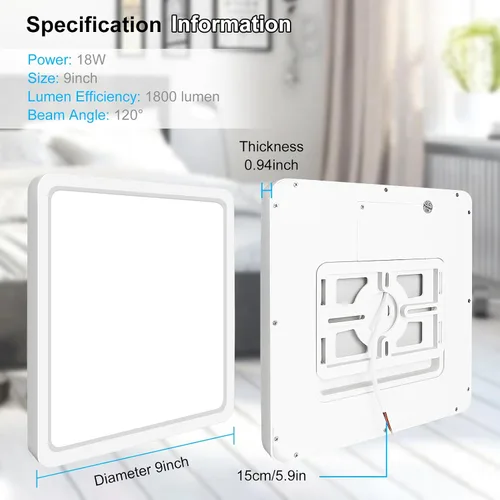 Miniatura 3 de inShareplus Lámpara LED de techo empotrada, 9 pulgadas, 18 W, 5000 K, luz blanca diurna, 1800 lm, cuadrada, súper brillante, lámpara de techo, IP