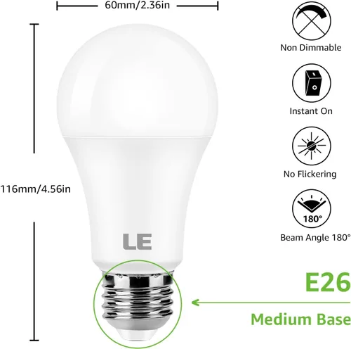 Miniatura 7 de LE - Bombillas LED equivalentes a 100 W, 14 W, 1500 lúmenes, 2700 K, luz blanca cálida, no regulable, base estándar A19 E26, vida útil de 10000