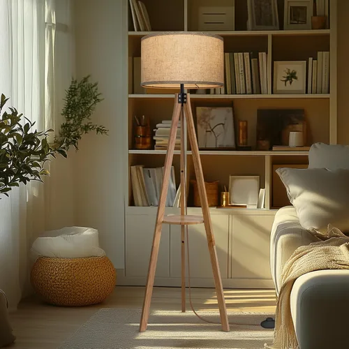 Miniatura 8 de EOEYYOYB Lámparas de pie para sala de estar, lámpara de pie moderna con estante, bombilla LED de 3 temperaturas de color, lámparas altas con Madera