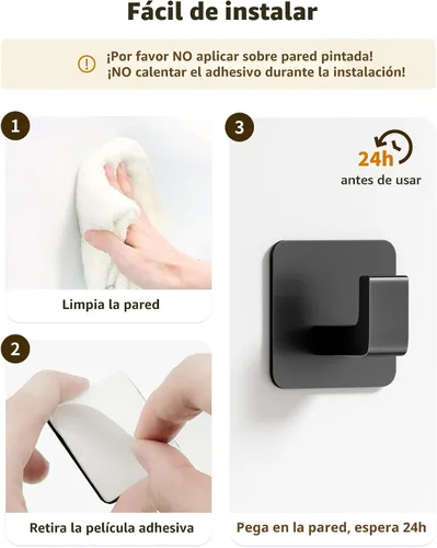 Miniatura 6 de GWAAZXGZ Ganchos de toalla autoadhesivos cuadrados - Juego de 2 ganchos de metal negro mate, diseño de ángulo recto para toallas, batas y sombreros