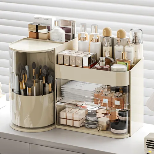 Organizador de maquillaje con soporte giratorio para brochas, organizador de cosméticos con cajones, organizador de cuidado de la piel para tocador,