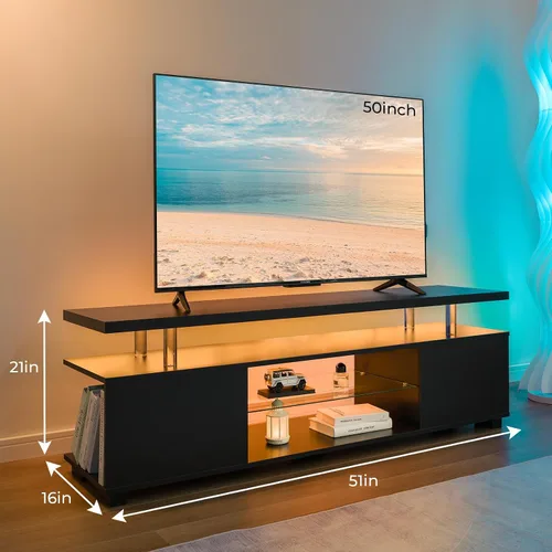 Miniatura 3 de Soporte de TV negro con luces LED para TV de 60 o 65 pulgadas, moderno centro de entretenimiento con almacenamiento, consola de TV