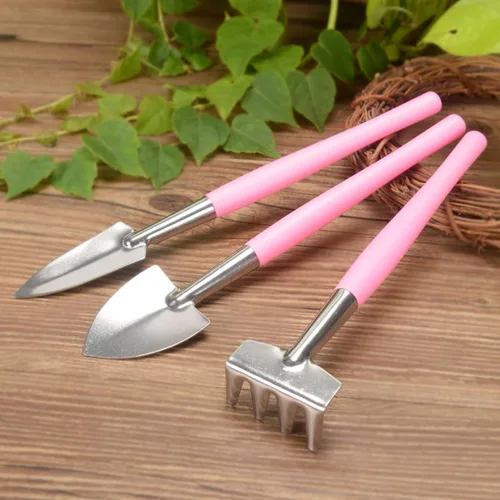 Miniatura 3 de jojofuny Práctica mini herramienta de jardín, mango de plástico antideslizante rosa con pala de hierro y rastrillo para plantar macetas