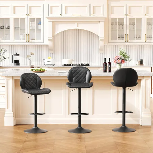 Miniatura 12 de FIRAVOE Juego de 2 taburetes de bar giratorios negros con respaldo, taburete de bar ajustable de 24 a 33 pulgadas, taburete de bar tapizado de piel
