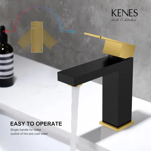 Miniatura 4 de KENES Grifo de lavabo de baño de una sola manija, grifos de baño negros y dorados de un solo orificio, grifo de tocador con desagüe emergente