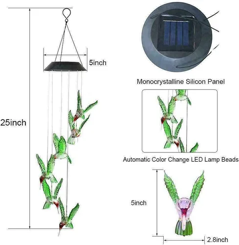 Miniatura 2 de Lámpara solar con diseño de colibrí, campanilla de viento con pájaro que cambia de color, luces decorativas para el jardín al aire libre y terrazas