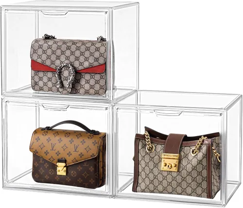 Miniatura 40 de HBlife Paquete de 3 organizadores de almacenamiento de bolsos para armario, caja de exhibición mediana transparente apilable con puerta magnética