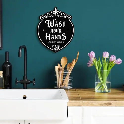 Miniatura 4 de Kercan Arte de pared gótico de madera, 9.6 x 11.8 pulgadas, letrero de pared con texto en inglés "Wash Your Hands", decoración del hogar de brujas