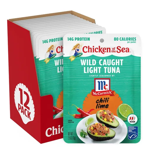 Miniatura 13 de Chicken of the Sea Atún ligero capturado en agua de manantial, paquetes de 2.5 onzas, 12 unidades, atún alto en proteínas 100% en agua, comidas