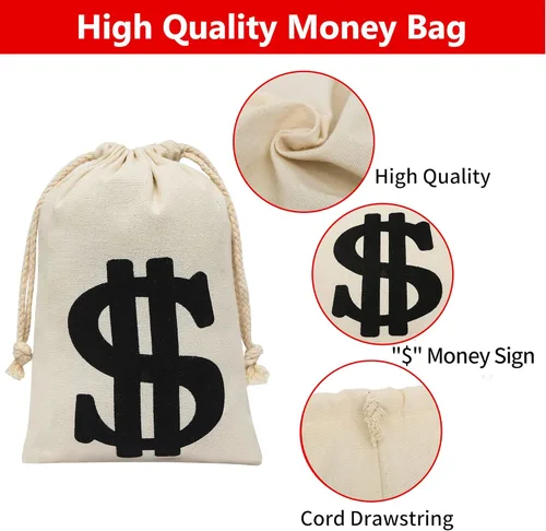 Miniatura 3 de Paquete de 4 bolsas de lona natural para dinero con cierre de cordón para recuerdos de fiesta, 6.3 x 9 pulgadas, letrero de dólar para ladrones