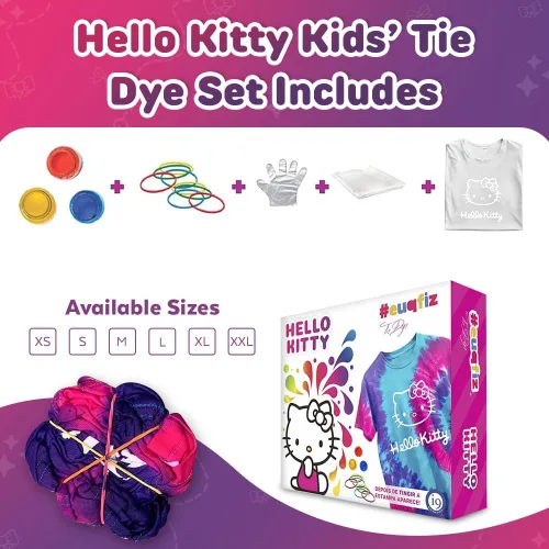 Miniatura 7 de Hello Kitty - Juego de teñido anudado - El juego incluye con una camiseta, 3 pinturas de colores, forro, guantes y bandas elásticas, paquete de 1