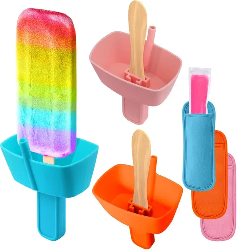 AIERSA Juego de 6 soportes para paletas y fundas para paletas de hielo para niños, sin goteo, soporte de silicona para paletas con popote y fundas