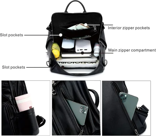 Miniatura 78 de OPAGE - Mochila de cuero para mujer, con borla de moda, bolso de hombro, mochila grande, bolsa de viaje, gris, L