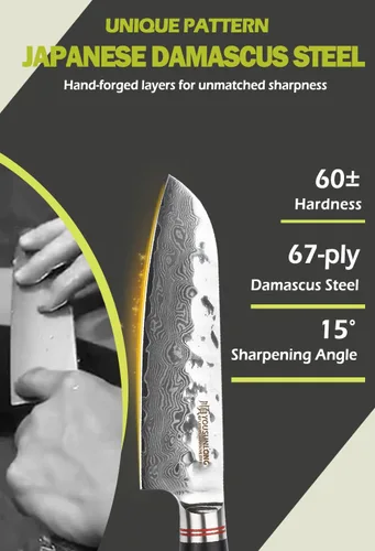 Miniatura 2 de YOUSUNLONG Santoku - Cuchillo japonés de 5 pulgadas, 67 capas, acero de Damasco martillado con madera de plomo natural Ebany
