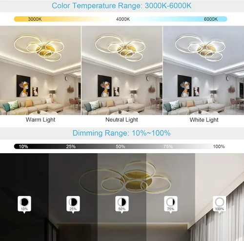 Miniatura 2 de Lámpara de techo LED moderna de 106 W, regulable, lámpara de techo acrílica LED con control remoto, 6 anillos, luz de techo de montaje al ras, Dorado