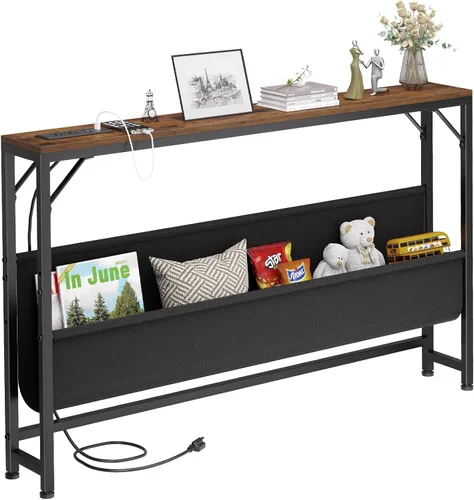 Miniatura 12 de Asgolion Mesa consola estrecha, mesa de entrada pequeña de 15.7 pulgadas, mesa de sofá de 2 niveles con almacenamiento, mesas consola delgadas