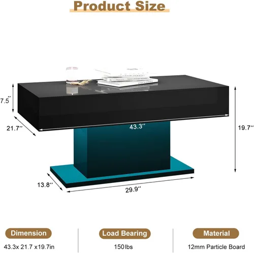 Miniatura 2 de HedoAjim - Mesa de café LED para sala de estar, mesa rectangular central de sala de estar, mesas de café modernas de madera con alto brillo y luces