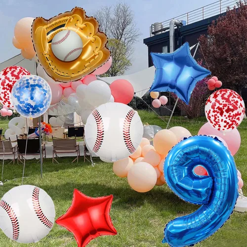 Miniatura 6 de Globos de béisbol de papel de aluminio para decoración de cumpleaños, globos con el número 9, globos de confeti de estrella roja y azul para Béisbol