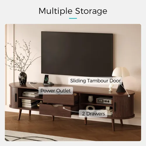 Miniatura 5 de Soporte de TV de 70 pulgadas con toma de corriente para sala de estar, consola multimedia con estación de carga, consola de TV con puerta corrediza