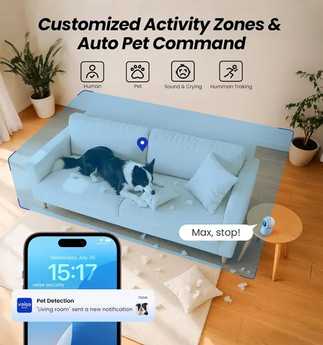 Miniatura 3 de Veise Cámara interior 2K para seguridad del hogar, monitor inalámbrico de 360° para mascotas y bebés con aplicación de teléfono, detección