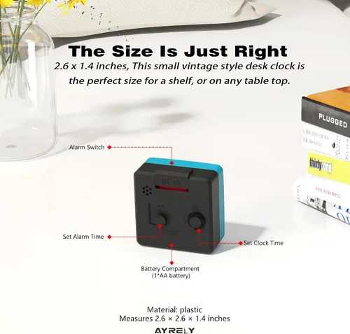 Miniatura 7 de AYRELY® Reloj despertador analógico de viaje ultra pequeño de 2.6 x 1.4 pulgadas, silencioso, sin tictac, con repetición y luz, reloj retro de Azul