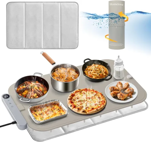 Homelove Tapete de calentamiento para alimentos, bandeja de calentamiento eléctrica con 6 niveles de temperatura y ajuste de horas, calefacción de