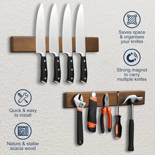Miniatura 4 de ENOKING Portacuchillos magnético de 16 pulgadas para pared, tira de cuchillos de madera de acacia con caja de regalo magnética con estampado de oro