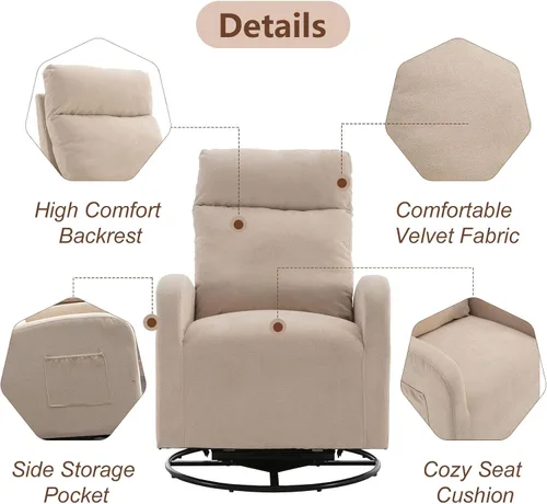 Miniatura 4 de LUCKHAO Mecedora giratoria, sillón giratorio para guardería, tapizado de tela de tilo, mecedoras modernas para guardería, dormitorio, sala de estar