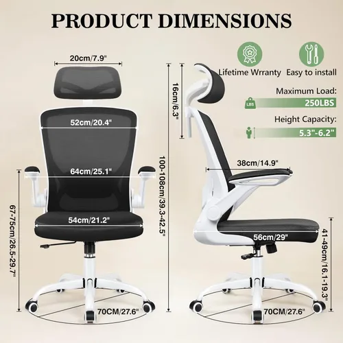 Miniatura 2 de BESTFAIR Silla de oficina ergonómica, sillas de oficina de malla transpirable con soporte lumbar ajustable, brazos abatibles, silla de escritorio