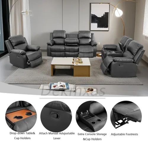Miniatura 3 de Conjunto de sofá para sala de Estar, sillón reclinable de cuero transpirable, sofá de 3 plazas para cine en casa con portavasos para apartamento