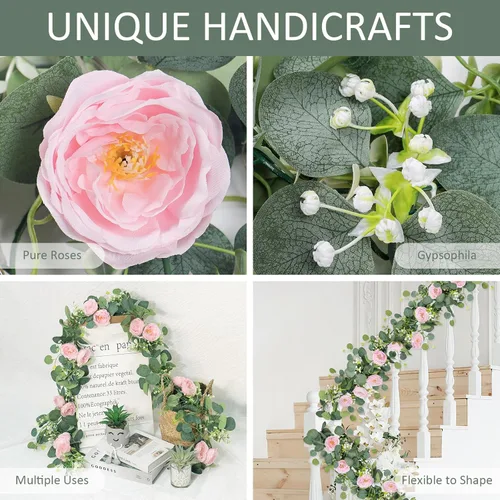 Miniatura 5 de TOCHGREEN Paquete de 2 Guirnaldas de Flores de Eucalipto Artificial de 13 Pies con Rosas Rosadas, Guirnalda de Flores de Rosa Falsa Vegetación