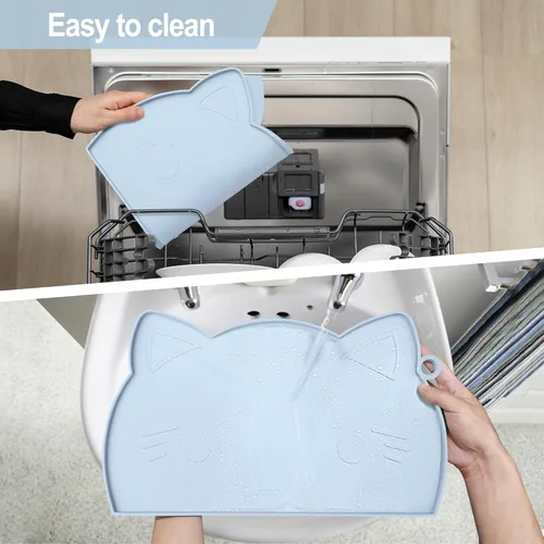 Miniatura 6 de Coomazy Tapete de comida para gatos, tapete de alimentación más grueso para perros con borde elevado, silicona antideslizante para el suelo, Azul